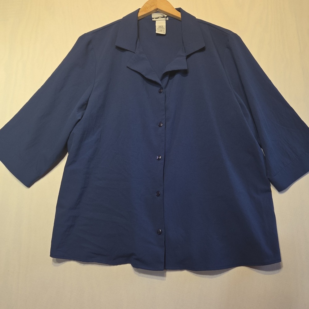 BonWorth Women's Blue Button Front Blouse Large Petite L-P Career Casual 3/4 Sle